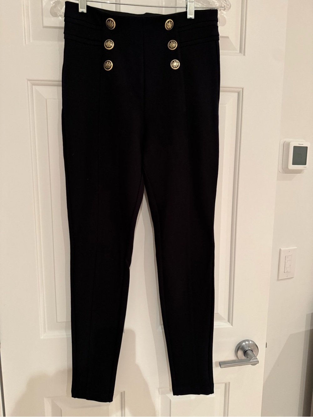 High-Waist Black Slim Sailor Pants with Gold Buttons